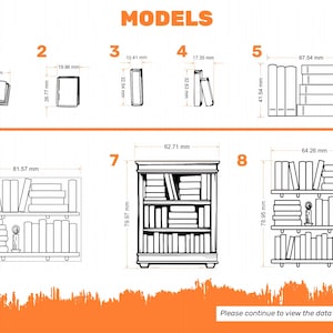 K&ouml;nnte beinhalten: Diagramm von acht B&uuml;cherregalmodellen mit Ma&szlig;en in Millimetern. Das Bild enth&auml;lt offene B&uuml;cher, eine Box und verschiedene B&uuml;cherregaldesigns. Der Text "MODELS" steht oben. Der Text unten lautet "Bitte fahren Sie fort, um das Datenblatt anzuzeigen, die Gr&ouml;&szlig;e zu &uuml;berpr&uuml;fen."