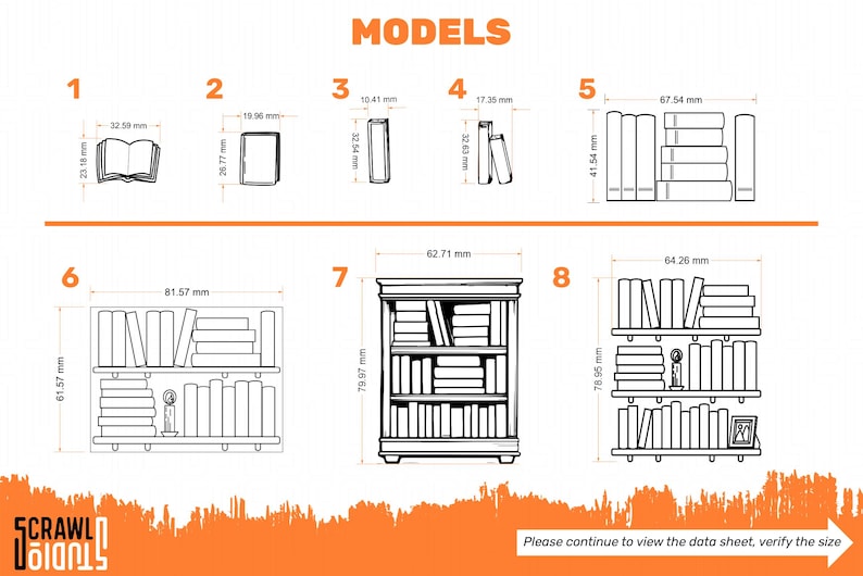 K&ouml;nnte beinhalten: Diagramm von acht B&uuml;cherregalmodellen mit Ma&szlig;en in Millimetern. Das Bild enth&auml;lt offene B&uuml;cher, eine Box und verschiedene B&uuml;cherregaldesigns. Der Text "MODELS" steht oben. Der Text unten lautet "Bitte fahren Sie fort, um das Datenblatt anzuzeigen, die Gr&ouml;&szlig;e zu &uuml;berpr&uuml;fen."