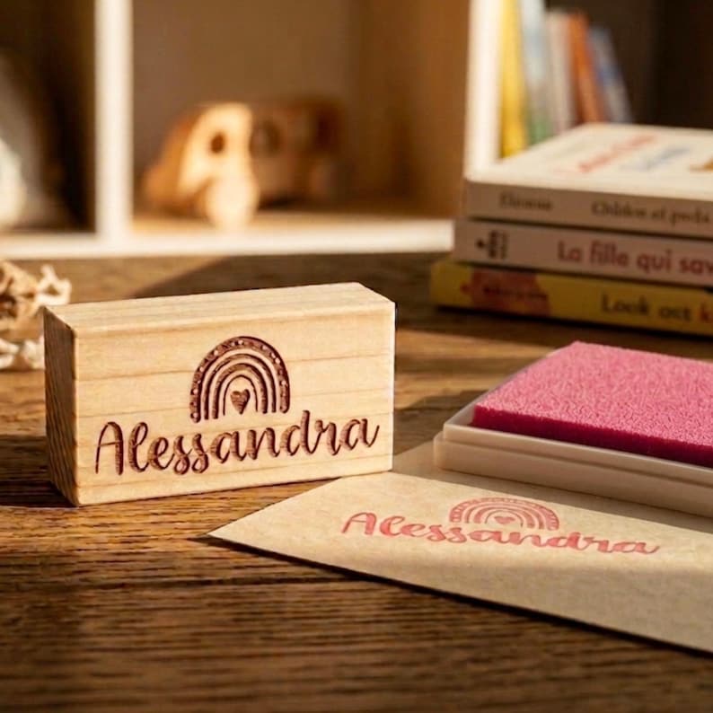 May include: A wooden stamp featuring the name "Alessandra" in a script font, with a rainbow and heart design. A pink ink pad and a stamped image of the name and rainbow are also visible. The stamp is on a wooden surface.