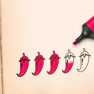 K&ouml;nnte beinhalten: Ein pinkfarbener Textmarker markiert eine Reihe von Chili-Pfeffer-Illustrationen auf einem beigefarbenen Papier. Die Paprika sind in verschiedenen Stadien des Ausmalens, von vollst&auml;ndig pink bis umrandet. Der Textmarker ist ebenfalls pink.