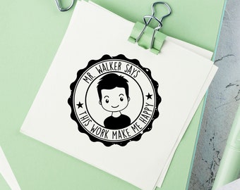 Personalized Male Teacher Rubber Stamp | Gift For Teacher | Custom Teacher Stamp | Choose Hairstyle and Accessories