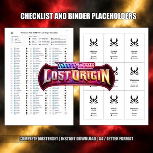 Könnte beinhalten: Ein digitaler Druck mit einer Pokémon TCG Lost Origin Checkliste und Ordnerplatzhaltern. Das Design enthält das Logo "SWORD & SHIELD LOST ORIGIN", Kartenillustrationen und Text. Der Text lautet "CHECKLIST AND BINDER PLACEHOLDERS".