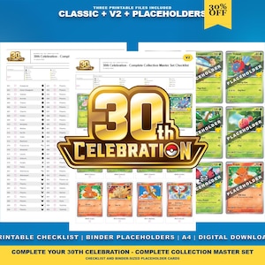 Puede incluir: Una colección digital de listas de verificación imprimibles y marcadores de posición para carpetas de 30th Celebration para tarjetas coleccionables. Los documentos incluyen un logo dorado, listas de nombres y cuadrículas de tarjetas.