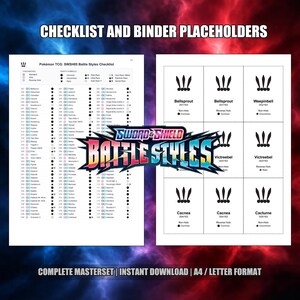 May include: A checklist and binder placeholders for Pokémon TCG: SWSH05 Battle Styles. The image shows a checklist with symbols and a grid of card placeholders featuring Bellsprout, Weepinbell, Victreebel, Cacnea, and Cacturne.