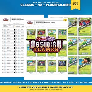 May include: A digital download featuring a printable checklist and binder placeholders for the Scarlet and Violet Obsidian Flames trading card set. The document includes a master set checklist with columns for card numbers and names, alongside grid-based placeholders for individual cards, all presented on a white background.