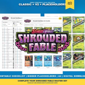 Op de afbeelding: Een digitale downloadset met een Scarlet & Violet Shrouded Fable master set checklist en map-placeholders. Het document bevat drie printbare bestanden met georganiseerde lijsten van ruilkaarten en visuele kaartvakken voor het bijhouden van collecties.