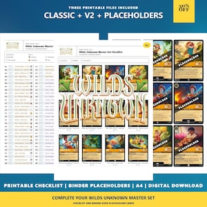 May include: A digital collection of printable files including a Wilds Unknown master set checklist and binder placeholders. The documents feature white backgrounds with black text, grid layouts, and illustrated card previews with the text Wilds Unknown.