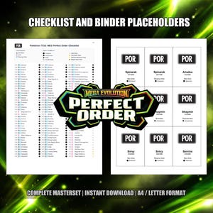 Op de afbeelding: Een checklist en map-plaatsaanduidingen voor de Pokémon TCG: ME3 Perfect Order. De afbeelding toont links een checklist en rechts kaarthouders, met het "Mega Evolution Perfect Order" logo in het midden. Tekst bevat kaartnamen en setdetails.
