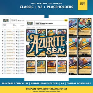 Op de afbeelding: Een digitale collectie van Azurite Sea ruilkaartspelmaterialen, inclusief een printbare checklist en map-placeholders. De set bevat drie printbare bestanden met kaartillustraties, karakternamen en spelstatistieken.