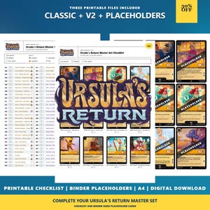 May include: A digital download set featuring three printable files for Ursula's Return, including a master set checklist and binder placeholders. The documents display the Ursula's Return logo, card lists with checkboxes, and illustrated card placeholders.
