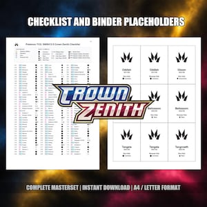 Op de afbeelding: Een digitale checklist en map-plaatsaanduidingen voor de Pokémon TCG: SWSH12.5 Crown Zenith-set. De afbeelding bevat een checklist met kaartsymbolen en een raster met kaartplaatsaanduidingen. Het Crown Zenith-logo is prominent aanwezig.
