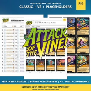 Könnte beinhalten: Ein digitales Download-Set mit druckbaren Checklisten und Ordner-Platzhaltern für das Kartenspiel Attack of the Vine!. Die Sammlung enthält klassische und V2-Versionen mit weißen Blättern, die Kartenlisten und illustrierte Platzhalterkarten zeigen.