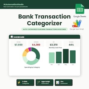 May include: A digital dashboard showing financial data, including income, expenses, and savings. The interface features a pie chart illustrating spending categories and bar graphs showing monthly cash flow. Text includes "Bank Transaction Categorizer" and "Auto-categorize your bank transactions in seconds."
