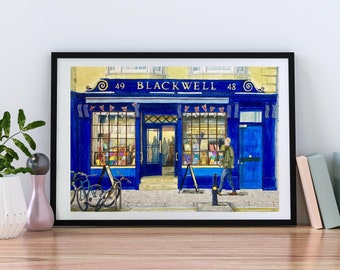 Blackwell Bookshop, Oxford, Giclee Art Print. Watercolour wall art. Oxford bookshop illustration Home Decor for Students and new home owners