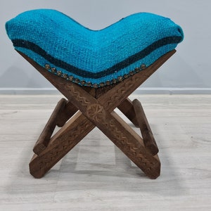 Blue chair, Boho Stool, blue stool, Rustic Decor, Ottoman stool, vintage Pouf, stool, vintage chair, upholstered chair, tribal decor home