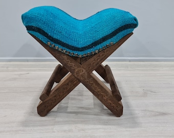 Blue chair, Boho Stool, blue stool, Rustic Decor, Ottoman stool, vintage Pouf, stool, vintage chair, upholstered chair, tribal decor home