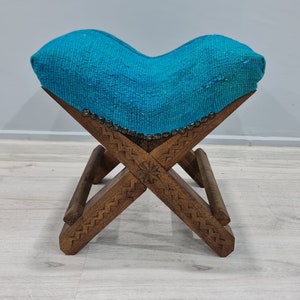 Authentic Decor, Antique blue Stool, Eclectic Stool, Blue Stool, Blue Stool, kilim stool, Ottoman stool, Rug chair, vintage chair