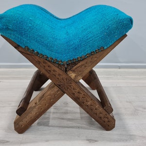 Vintage blue stool, blue footstool, Tribal chair, kilim stool, Ottoman, upholstered chair, Rug stool,  bohemian stool, Turkish chair pouf