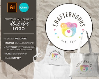 Logotipo de osito de peluche ilustrado y diseñado profesionalmente • Diseño de logotipos para manualidades • Diseño de logotipos para niños • Logotipos para hacer uno mismo