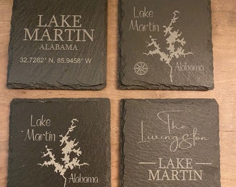 Personalized Custom Engraved Lake Black Slate Coaster Set of 2/Set of 4 Housewarming Gift/Lake House/Lake Martin/Lake Map/Hostess Gift