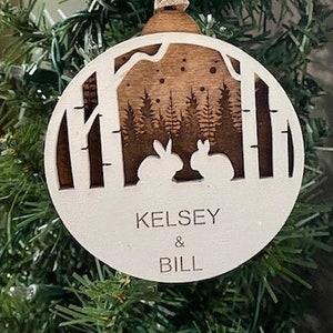 Custom Personalized Family/Couple Name Round Wood Bunny Rabbits/Outdoor Snow Christmas Ornament Size 4&quot;/Rustic Ornament/Farmhouse Ornament