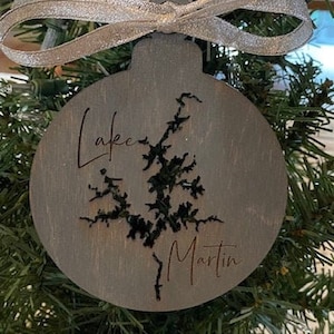 Custom Personalized Lake Map/Lake Martin Map Round Christmas Ornament Size 4"/Farmhouse Ornament/Rustic Ornament/Lake Christmas Ornament