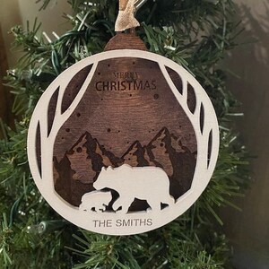 Custom Personalized Family/Couple Name Round Wood Bear/Mountain Snow Christmas Ornament Size 4&quot;/Rustic Ornament/Farmhouse Ornament