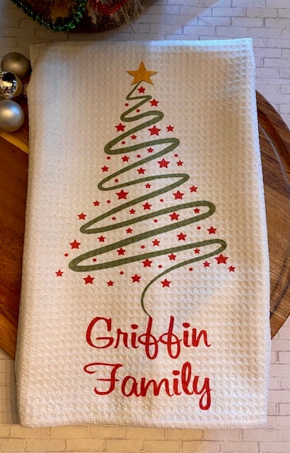 Custom Personalized Christmas/Christmas Tree White Kitchen Waffle Towel