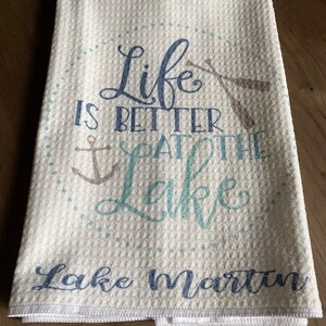 Custom Personalized Welcome to our Lake House/Lake/Lake Housewarming Gift/ White Kitchen Waffle Towel