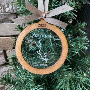 Custom Personalized Lake Map/Lake Oconee Christmas Ornament Size 3.5x4"/ Lake of the Ozark Ornament/Rustic Ornament/Lake Christmas Ornament