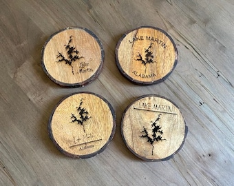 Custom Lake Map Wood Bark Coasters/Lake Martin/Rustic Lake Coasters/Closing Gift/Lake Map Coaster/Lake Coaster