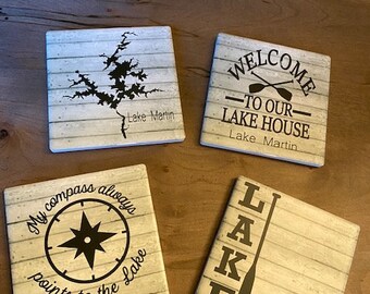 Personalized Custom Lake House Ceramic Coaster Set of 4 Lake Cabin/Lake/Rustic/Farmhouse/House Warming Gift/Lake Martin