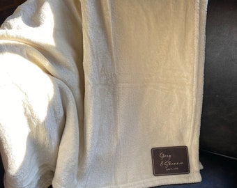Custom Light Weight Blanket with a Vegan Leather Personalized Patch Design 50"x60" Hostess Gift/Monogrammed Blanket/Wedding Gift