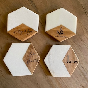 Personalized Custom Marble and Wood Coaster Set/Housewarming Gift/Realtor Gift/Wedding Gift/Hostess Gift/Lake Coasters/Lake Martin Coasters
