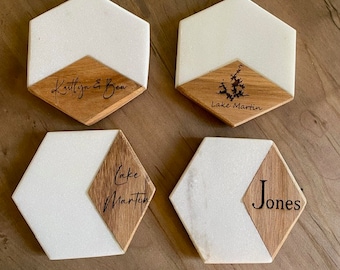 Personalized Custom Marble and Wood Coaster Set/Housewarming Gift/Realtor Gift/Wedding Gift/Hostess Gift