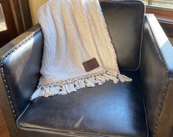Custom Sherpa Tassel Blanket with a Vegan Leather Personalized Patch Design 50"x60" Hostess Gift/Monogrammed Blanket/Wedding Gift/Birthday