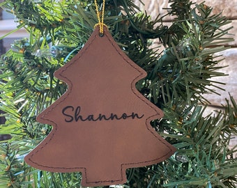 Custom Personalized Engraved Vegan Leather Christmas Tree Ornament