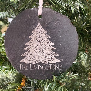 Custom Personalized Christmas Tree Family Black Slate 4" Christmas Ornament/Family Name Ornament