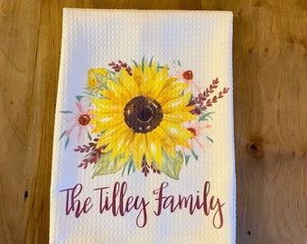 Custom Personalized Sunflower White Kitchen Waffle Towel