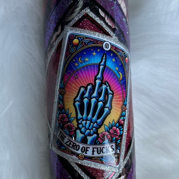 Zero of F@&cks, glitter/epoxy, handcrafted, tumbler, purple and black, stainless steel, double walled tumbler, tarot card, unique, gift idea