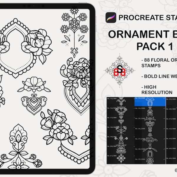 Procreate Tattoo Ornament Bold Floral Stempel – PACK 1 – 88 Stempel, Procreate-Pinsel, Procreate-Stempel, Tattoo, Illustratoren, botanisches Tattoo