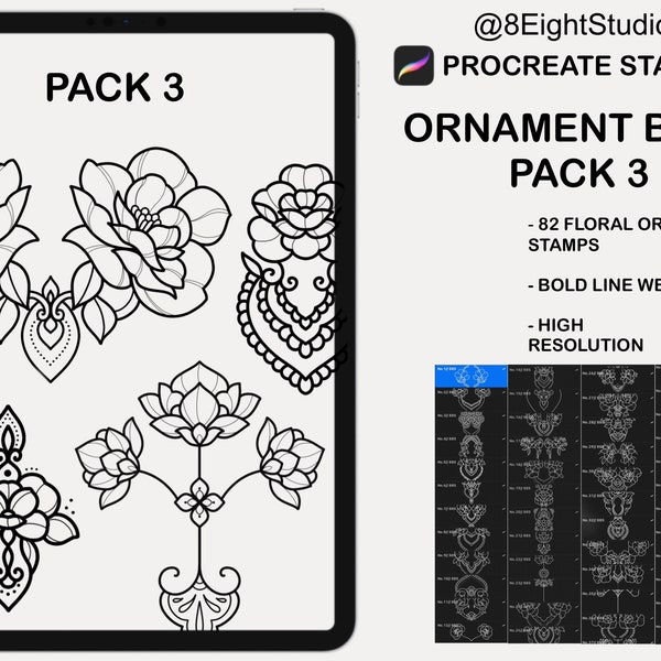 Procreate Tattoo Ornament Bold Floral Stamps - PACK 3 - 82 Stamps, Procreate brush, Procreate stamp, tattoo, illustrators, botanical tattoo