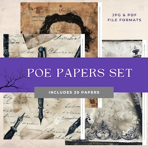 May include: A set of 20 vintage-style papers with a purple banner that reads "POE PAPERS SET". The papers have a sepia tone with handwritten script, ink pen illustrations, and a silhouette of a person's hair. The top right corner reads "JPG & PDF FILE FORMATS".