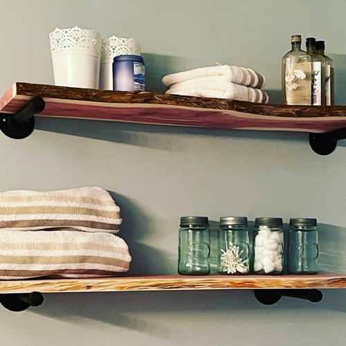 Set of 2 live edge cedar shelves with rustic farmhouse pipe brackets shops