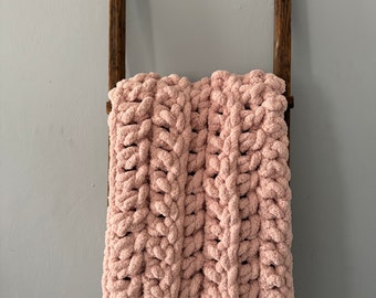 Fluffy, pale pink giant crocheted cozy blanket perfect for a housewarming gift, wedding gift, birthday gift or just a gift for her!
