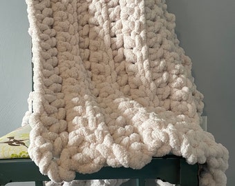 Fluffy, Sandy Cream giant crocheted cozy blanket perfect for a housewarming gift, wedding gift, birthday gift or just a gift for her!