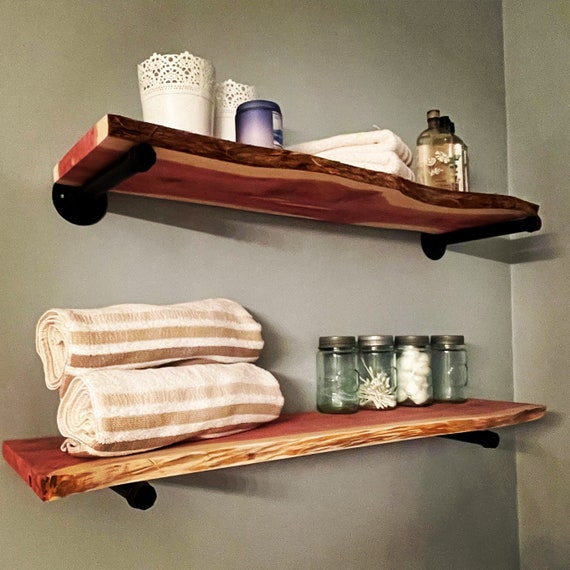 Set of 2 Live Edge Cedar Shelves With Rustic Farmhouse Pipe