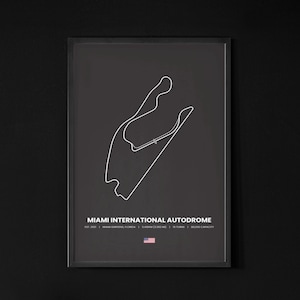 Puede incluir: Impresi&oacute;n enmarcada del circuito del Miami International Autodrome. El trazado de la pista se muestra en l&iacute;neas blancas sobre un fondo gris oscuro. El texto en la parte inferior incluye el nombre, la ubicaci&oacute;n y otros detalles. El marco es negro.