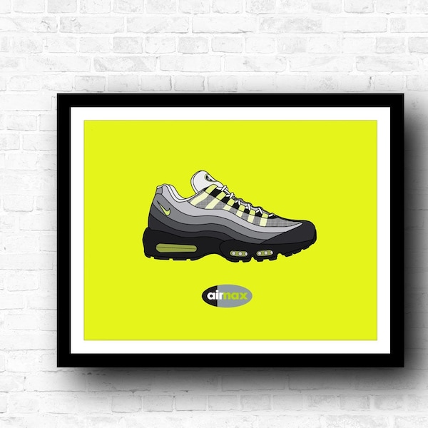 Nike Air Max 95 / OG Neons / Impression numérique A4 / Original dessiné à la main / Art mural / Cadeau