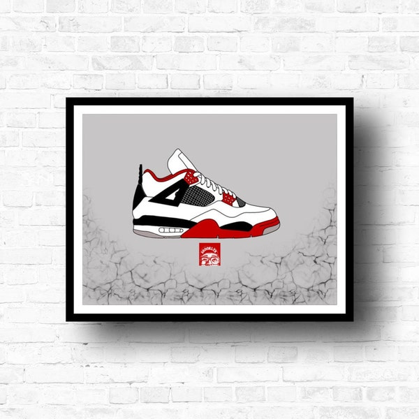 Nike Air Jordan 4 / Fire Red / A4 digital print / Hand drawn original / Wall art / Gift / Sneakerhead